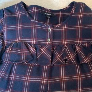 Madewell Navy and Red plaid Ruffle Blouse Button Down